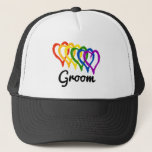 Rainbow Wedding Layered Hearts Groom Trucker Hat<br><div class="desc">Here's a fun way for the groom to celebrate wedding festivities. It's a great idea for photo opportunities with family,  friends,  and other members of the wedding party. This rainbow layered hearts design is suitable for white and light-colored backgrounds.</div>