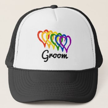 Rainbow Wedding Layered Hearts Groom Trucker Hat by Fontastic at Zazzle