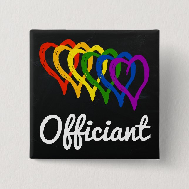 Rainbow Wedding Layered Hearts Officiant Pinback Button (Front)