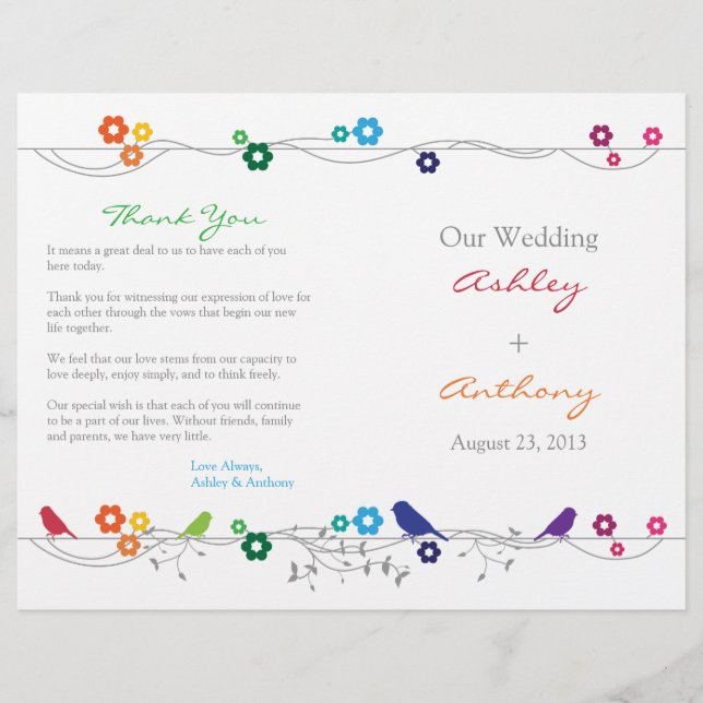 Rainbow Wedding Program Birds Flowers (Front)