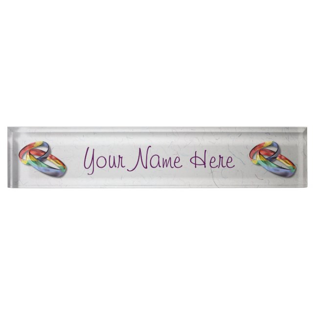Rainbow Wedding Rings for Marriage Equality Desk Name Plate (Front)