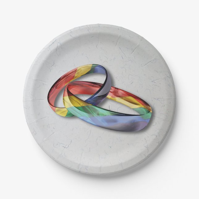 Rainbow Wedding Rings for Marriage Equality Paper Plates (Front)