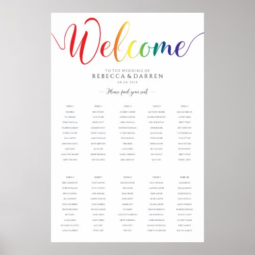 Rainbow Wedding Seating Chart with 10 Tables