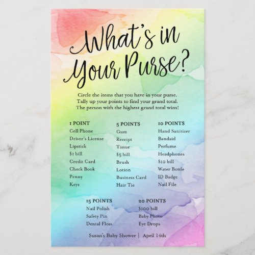 Rainbow Whats in Your Purse Paper Game Card