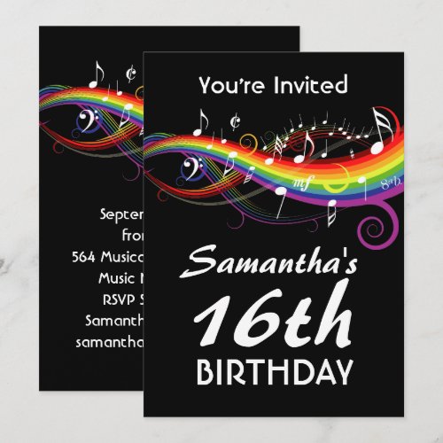 Rainbow White Music Notes 16th Birthday Party Personalized Invitations