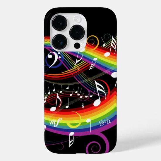Rainbow White Music Notes on Black Case-Mate iPhone 14 Pro Case