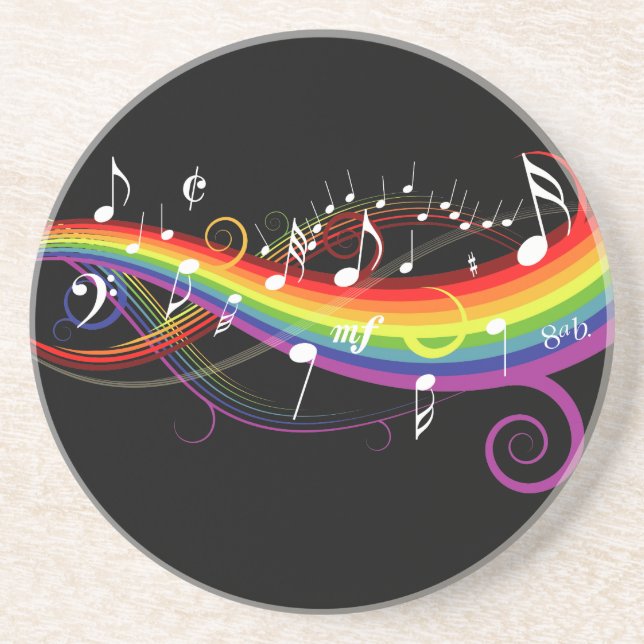 Rainbow White Music Notes on Black Drink Coaster (Front)