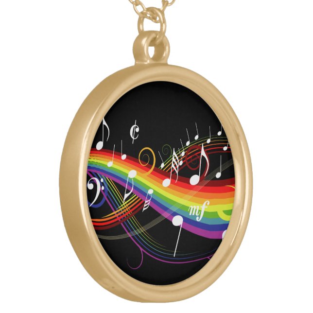 Rainbow White Music Notes on Black Gold Plated Necklace (Front Left)