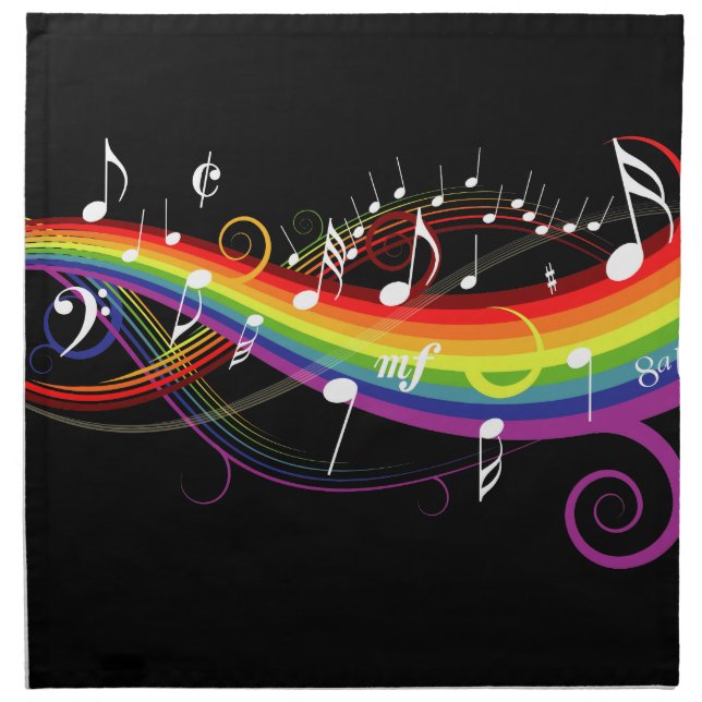 Rainbow White Music Notes on Black Napkin (Front)