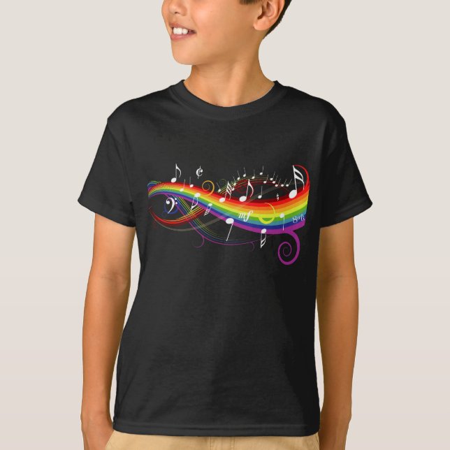 Rainbow White Music Notes on Black T-Shirt