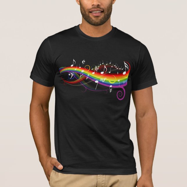 Rainbow White Music Notes on Black T-Shirt (Front)