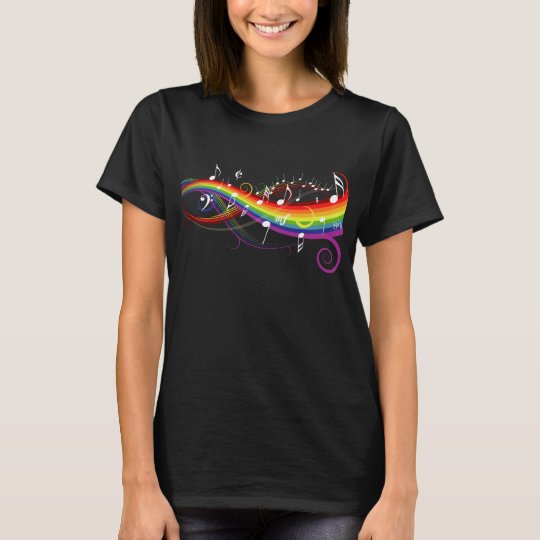 Rainbow White Music Notes on Black T-Shirt