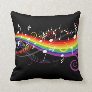 Rainbow White Music Notes on Black Throw Pillow