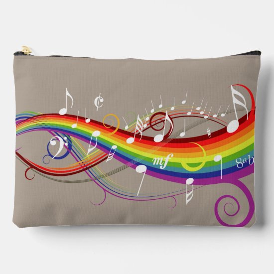 Rainbow White Music Notes on Flannel beige Accessory Pouch