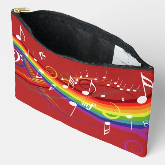 Rainbow White Music Notes on Red Accessory Pouch