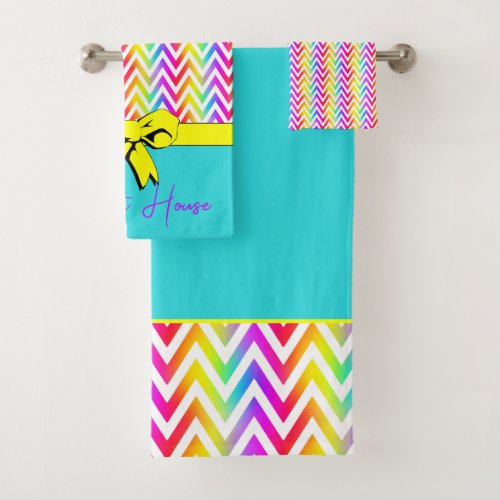 Rainbow White Turquoise Yellow Bow Personalized Bath Towel Set