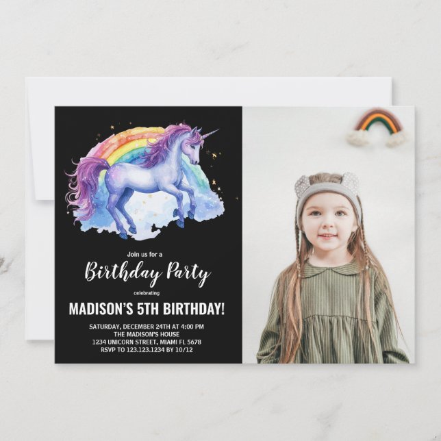 Rainbow White Unicorn Birthday Invitations photo (Front)
