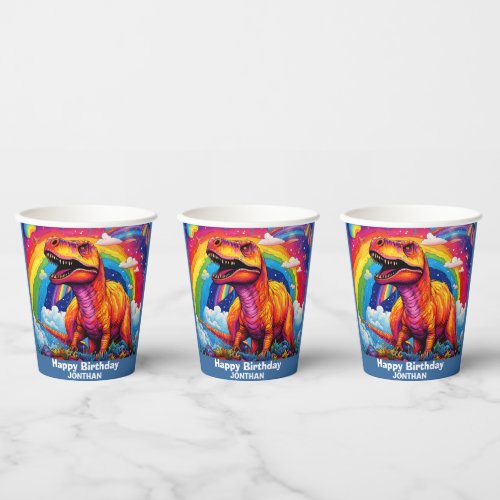 Rainbow Wild One birthday T Rex Blue Paper Cups