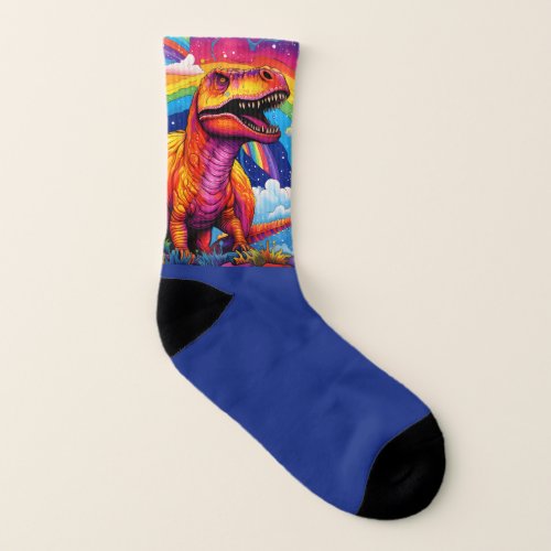 Rainbow Wild One birthday T Rex Blue Socks