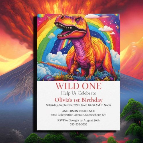 Rainbow Wild One birthday T Rex theme Invitation