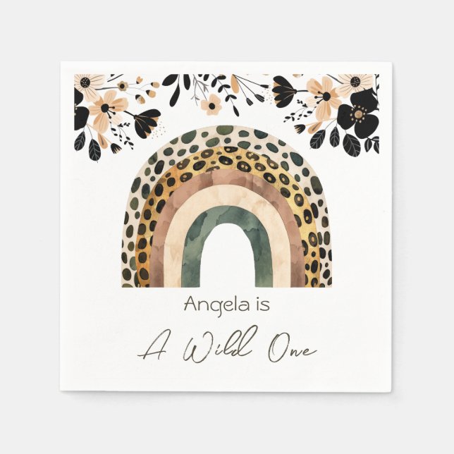 Rainbow Wild One Boho Floral Kids Birthday  Napkins (Front)