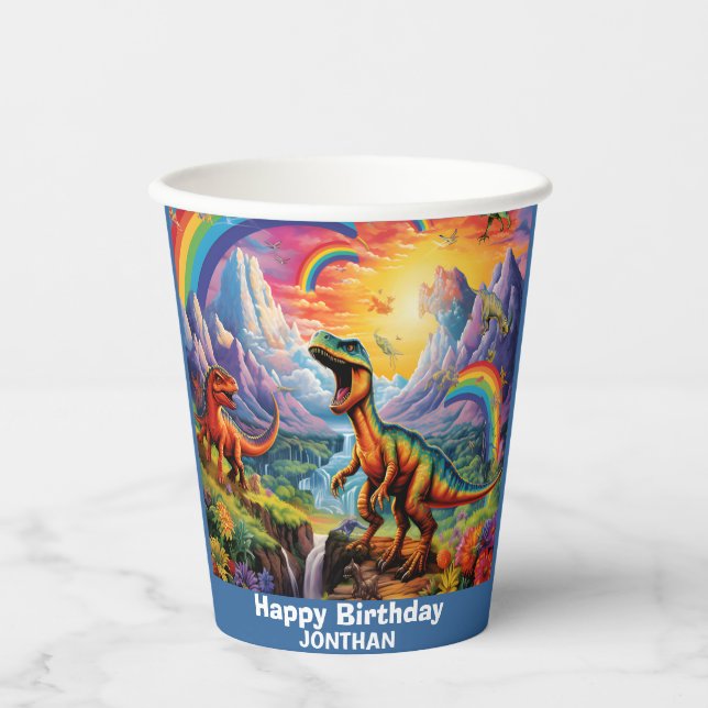 Rainbow Wild One dinosaurs Blue Paper Cups (Front)