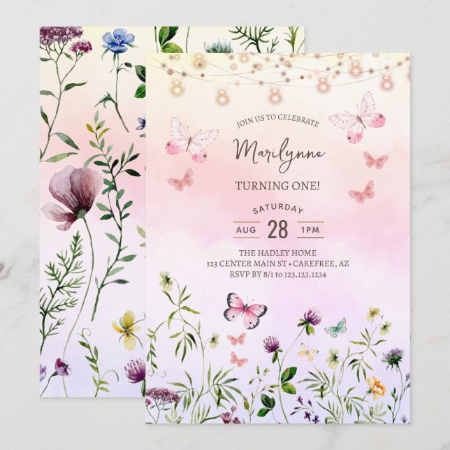 Rainbow Wildflower Boho 1st Birthday Invitation (Front/Back)