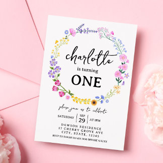 Rainbow Wildflowers Baby Girl 1st Birthday Spring Invitation