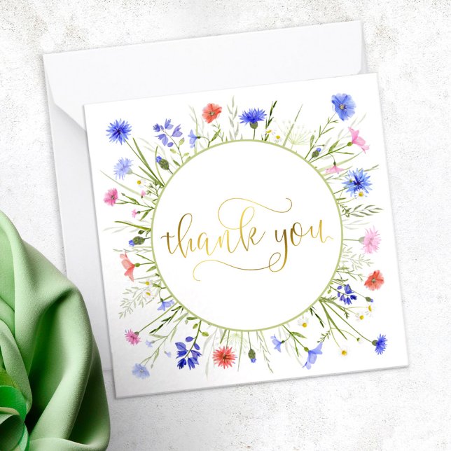 Rainbow Wildflowers Gold Script Thank You Note Card (Creator Uploaded)