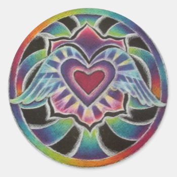 Rainbow Winged Heart Mandala Classic Round Sticker by arteeclectica at Zazzle