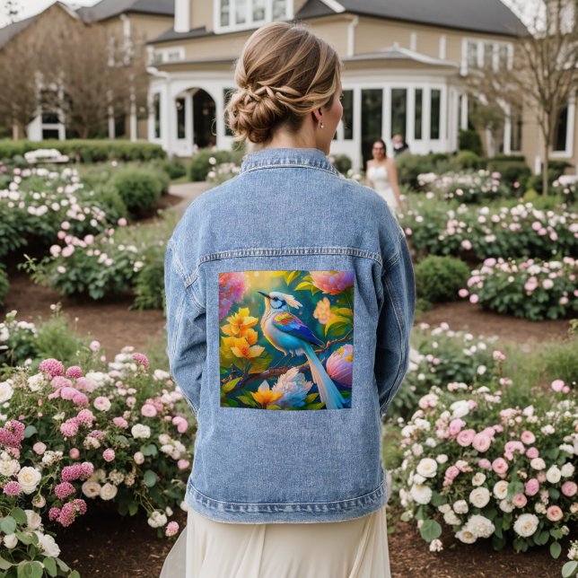 Rainbow Winged Jay Fantasy Bird Denim Jacket (Wedding Back)