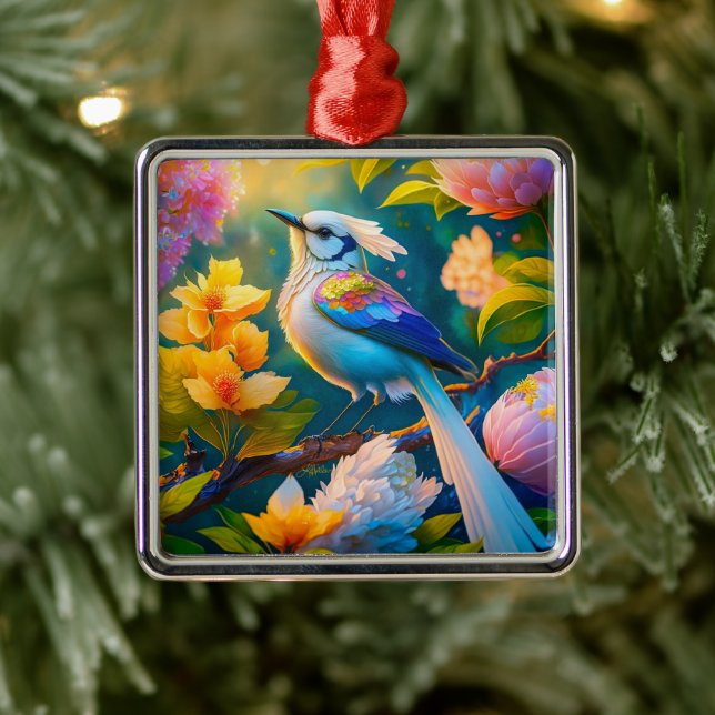 Rainbow Winged Jay Fantasy Bird Metal Ornament (Tree)