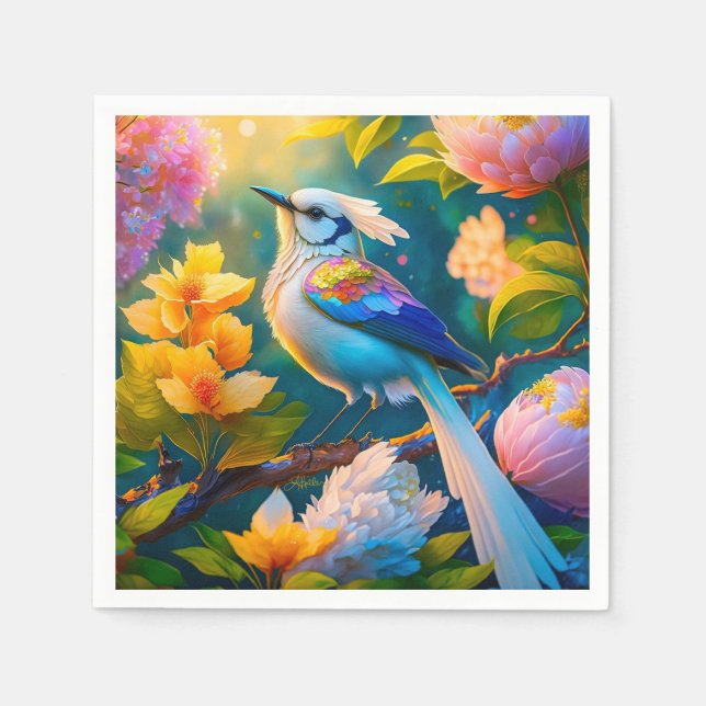Rainbow Winged Jay Fantasy Bird Napkins (Front)