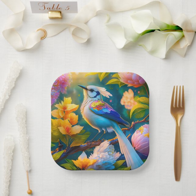 Rainbow Winged Jay Fantasy Bird Paper Plates (Wedding)