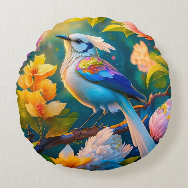 Rainbow Winged Jay Fantasy Bird Round Pillow (Front)