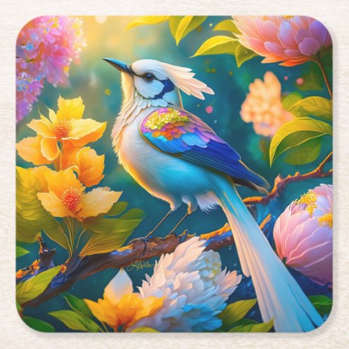 Rainbow Winged Jay Fantasy Bird Square Paper Coaster