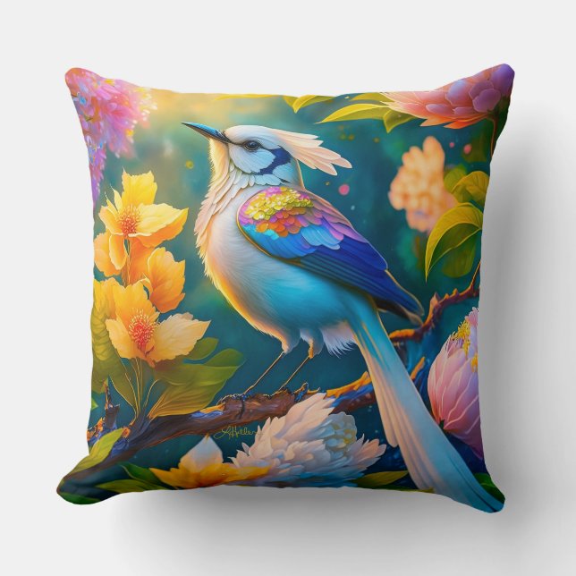 Rainbow Winged Jay Fantasy Bird Throw Pillow (Front)
