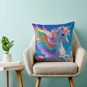 Rainbow Winged Prancing Unicorn Throw Pillow