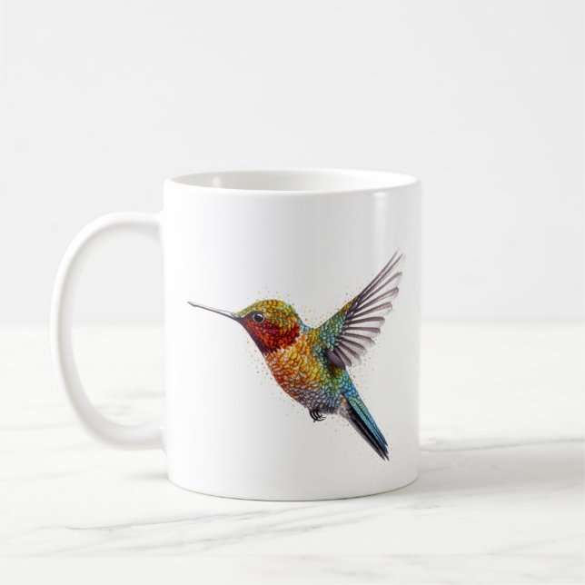 Rainbow Wings: Vibrant Hummingbird Art Coffee Mug (Left)