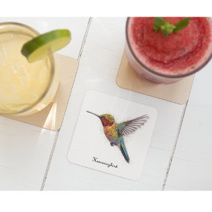 Rainbow Wings: Vibrant Hummingbird Art, custom Glass Coaster