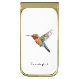 Rainbow Wings: Vibrant Hummingbird Art, custom Gold Finish Money Clip