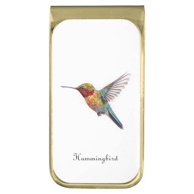  Rainbow Wings: Vibrant Hummingbird Art, custom Gold Finish Money Clip (Front Vertical)