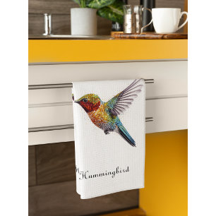 Rainbow Wings: Vibrant Hummingbird Art, custom Kitchen Towel