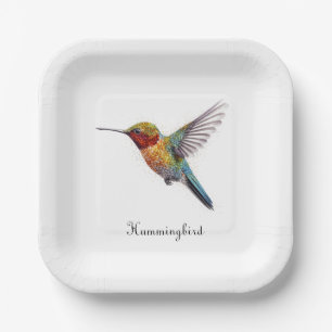 Rainbow Wings: Vibrant Hummingbird Art, custom Paper Plates