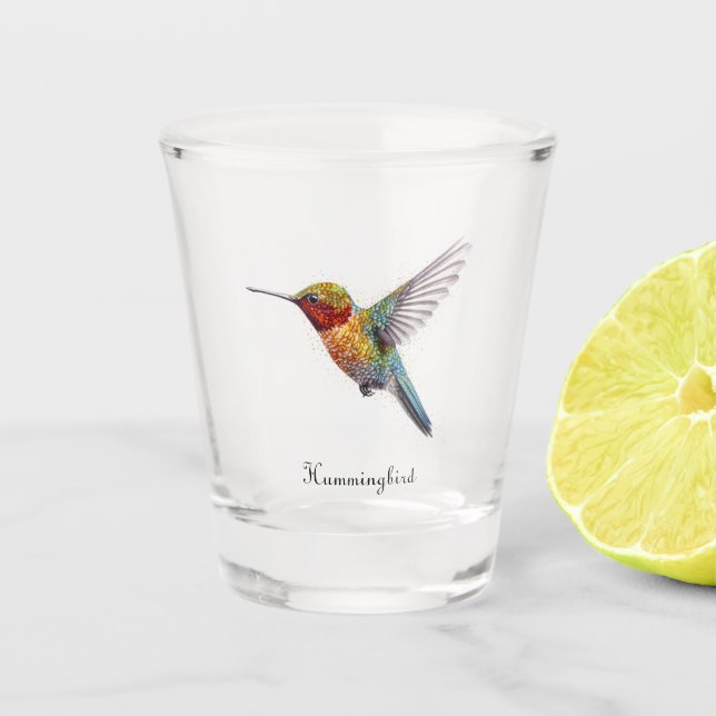 Rainbow Wings: Vibrant Hummingbird Art, custom Shot Glass (Front)
