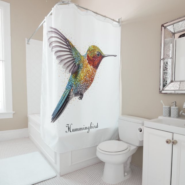 Rainbow Wings: Vibrant Hummingbird Art, custom Shower Curtain (In Situ)