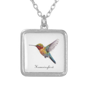 Rainbow Wings: Vibrant Hummingbird Art, custom  Silver Plated Necklace