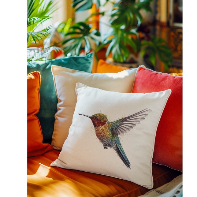 Rainbow Wings: Vibrant Hummingbird Art  Throw Pillow (Creator Uploaded)