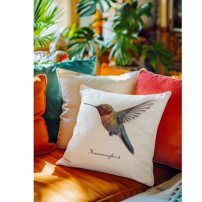 Rainbow Wings: Vibrant Hummingbird Art Throw Pillow (Creator Uploaded)