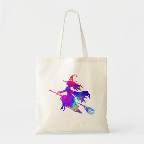 Rainbow Witch on a Magic Broom Tote Bag